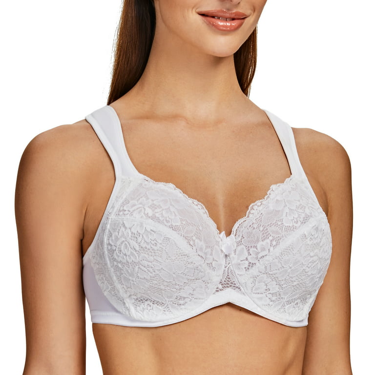 Womens Full Coverage Floral Lace Underwired Bra Plus Size Non Padded  Comfort Bra 40B White