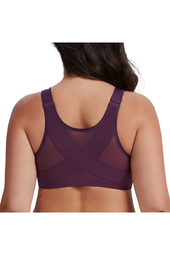 Women's Front Closure Bras Plus Size Unlined Underwire Back Support Posture Bra Grape Wine 34F