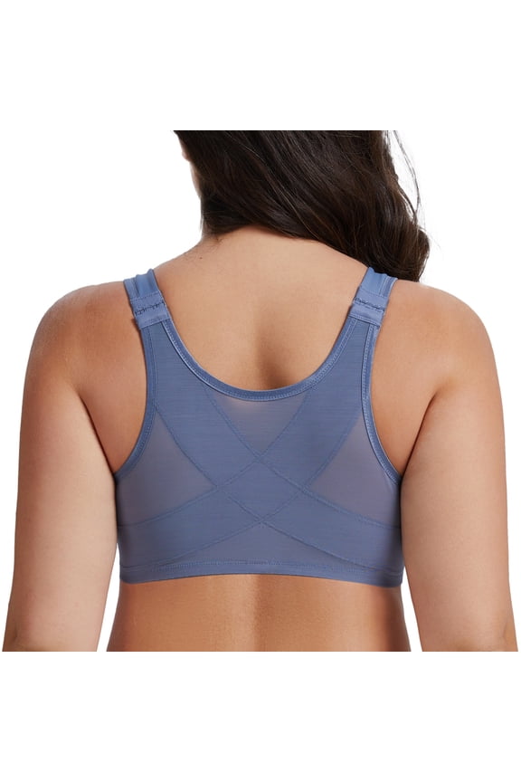 Women's Front Closure Bras Plus Size Unlined Underwire Back Support Posture Bra Slate Blue 42F