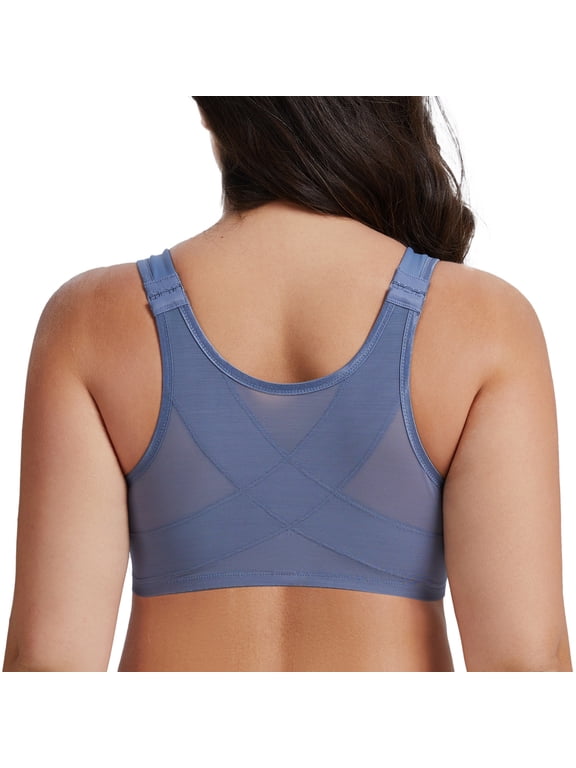 Women's Front Closure Bras Plus Size Unlined Underwire Back Support Posture Bra Slate Blue 42F