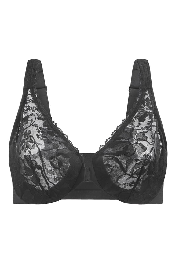 Women's Front Closure Stretch Lace Underwire Bra Black 40C