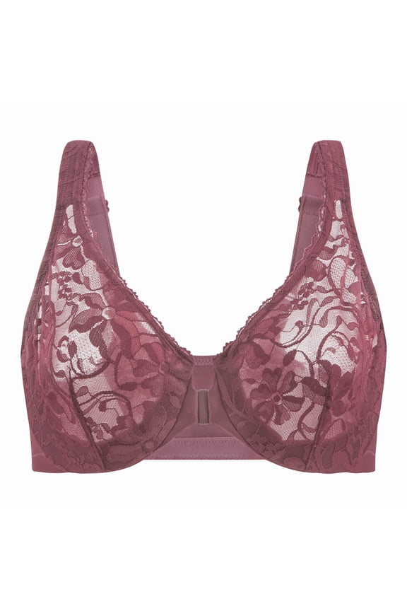 Women's Front Closure Stretch Lace Underwire Bra Cabernet Red 44D