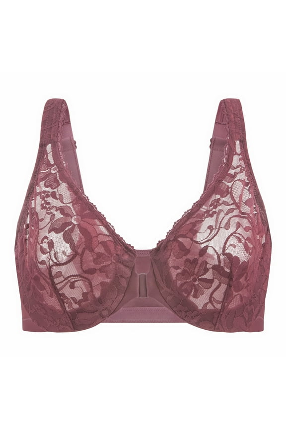 Women's Front Closure Stretch Lace Underwire Bra Cabernet Red 48DD
