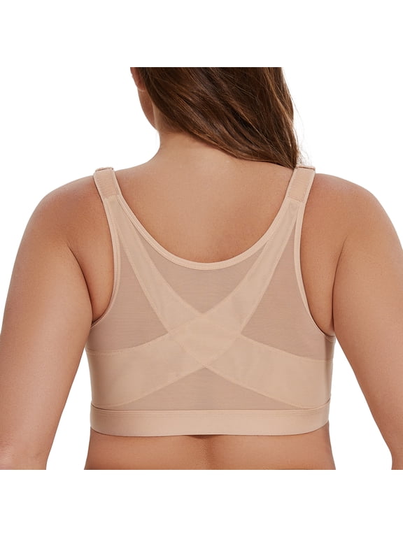 Women's Front Closure Wirefree Post Surgery Plus Size Back Support Posture Bra Beige 32E