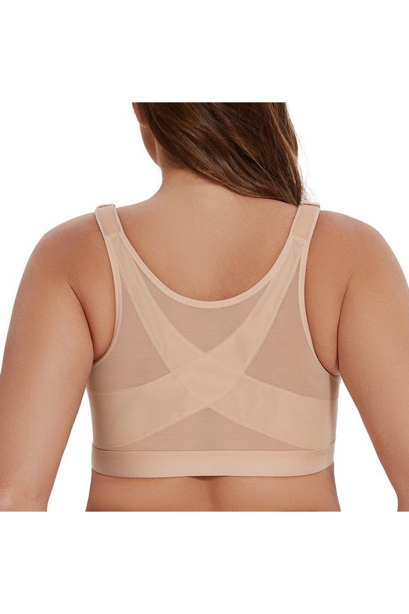 Women's Front Closure Wirefree Post Surgery Plus Size Back Support Posture Bra Beige 44F