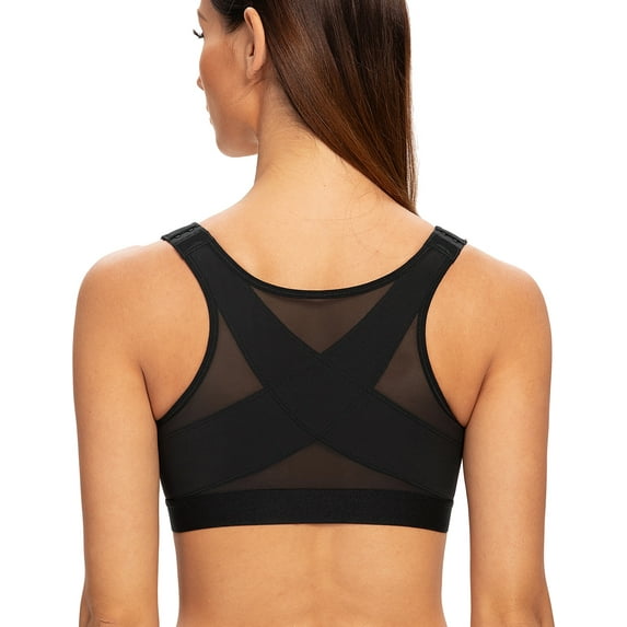 MELENECA Women's Front Closure Wirefree Post Surgery Plus Size Back Support Posture Bra Black 34G