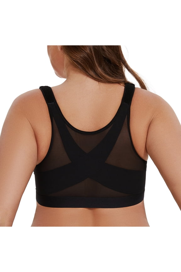 Women's Front Closure Wirefree Post Surgery Plus Size Back Support Posture Bra Black 38B