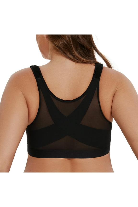 Women's Front Closure Wirefree Post Surgery Plus Size Back Support Posture Bra Black 44DD