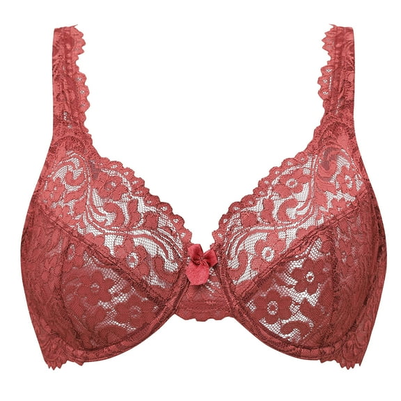 MELENECA Women's Full Coverage No Padding Plus Size Lace Underwire Bra Cabernet Red 34D