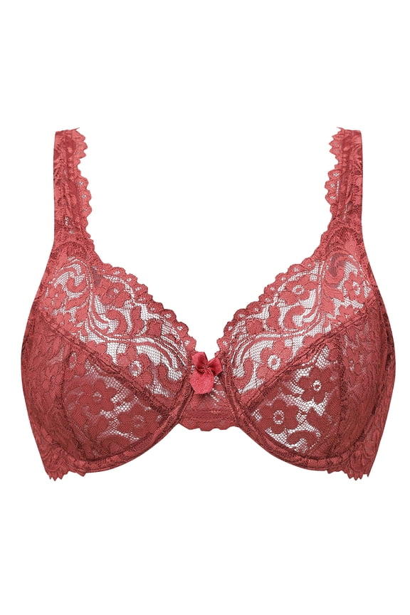 Women's Full Coverage No Padding Plus Size Lace Underwire Bra Cabernet Red 34D