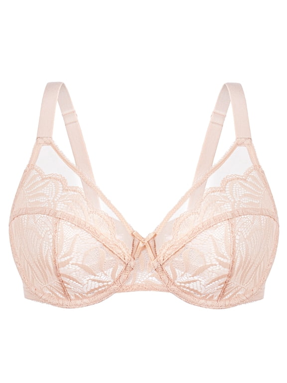 Women's Minimizer Bras for Large Bust Underwire Plus Size Full Coverage Lace Bras Beige 34C