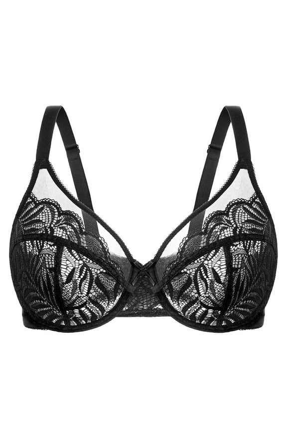 Women's Minimizer Bras for Large Bust Underwire Plus Size Full Coverage Lace Bras Black 42E