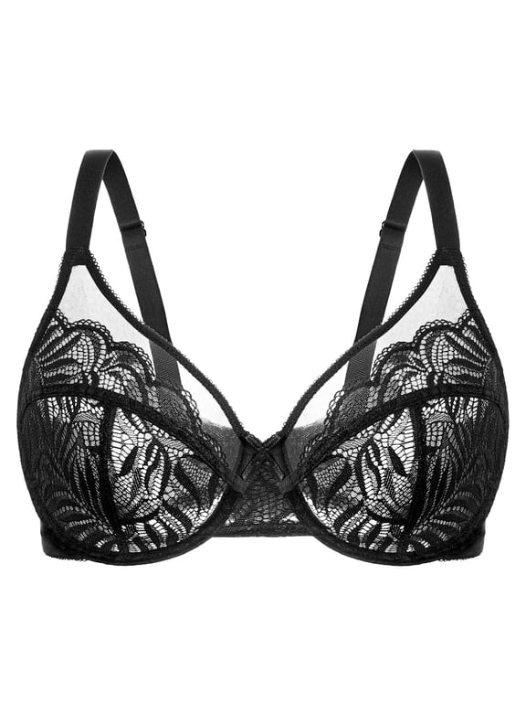 Women's Minimizer Bras for Large Bust Underwire Plus Size Full Coverage Lace Bras Black 46B