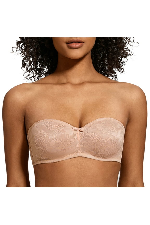 Women's No Padding Sheer Lace Bandeau See-Through Minimizer Underwire Strapless Bras Beige 36B