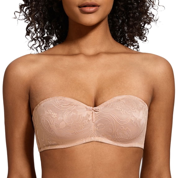 MELENECA Women's No Padding Sheer Lace Bandeau See-Through Minimizer Underwire Strapless Bras Beige 42C