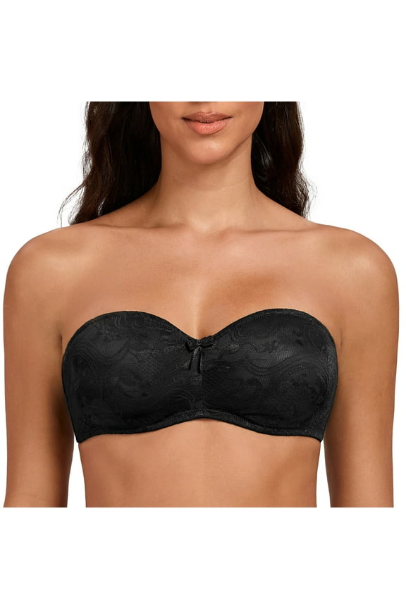 Women's No Padding Sheer Lace Bandeau See-Through Minimizer Underwire Strapless Bras Black 32E