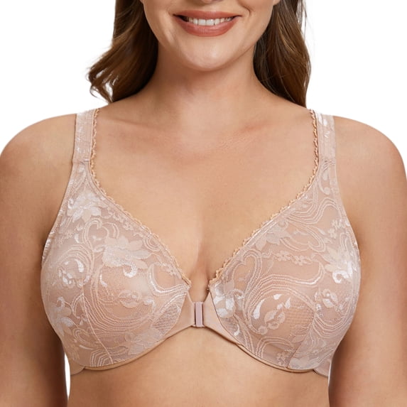 MELENECA Women's Plus Size Front Closure No Padding Full Coverage Lace Underwire Bra Beige 40C