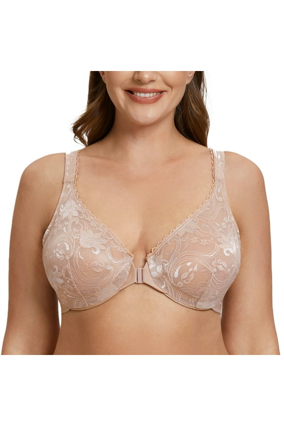 Women's Plus Size Front Closure No Padding Full Coverage Lace Underwire Bra Beige 42E