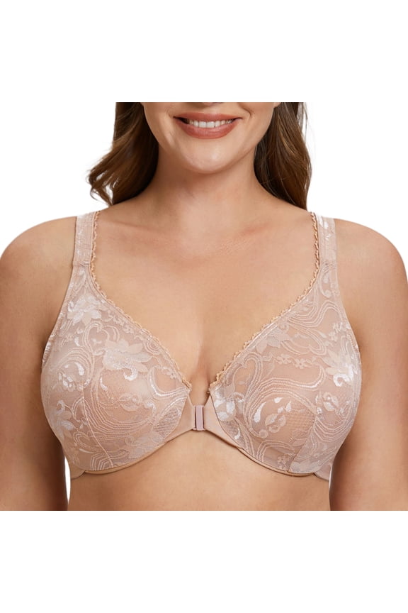 Women's Plus Size Front Closure No Padding Full Coverage Lace Underwire Bra Beige 44B