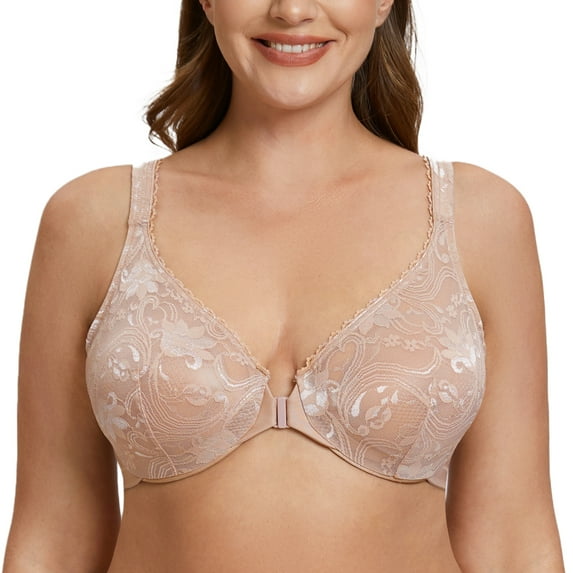MELENECA Women's Plus Size Front Closure No Padding Full Coverage Lace Underwire Bra Beige 48DD