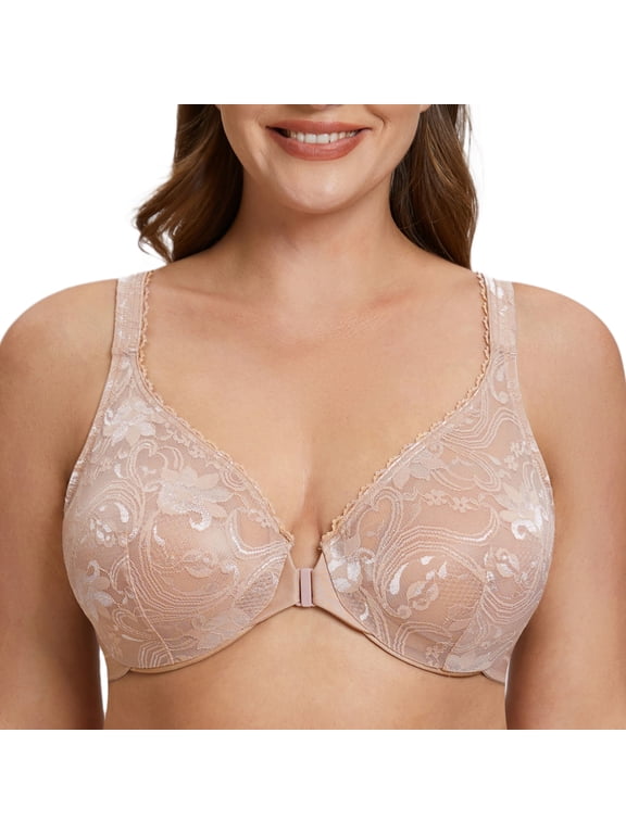 Women's Plus Size Front Closure No Padding Full Coverage Lace Underwire Bra Beige 48F