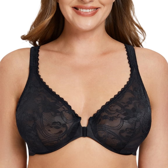 MELENECA Women's Plus Size Front Closure No Padding Full Coverage Lace Underwire Bra Black 34DD