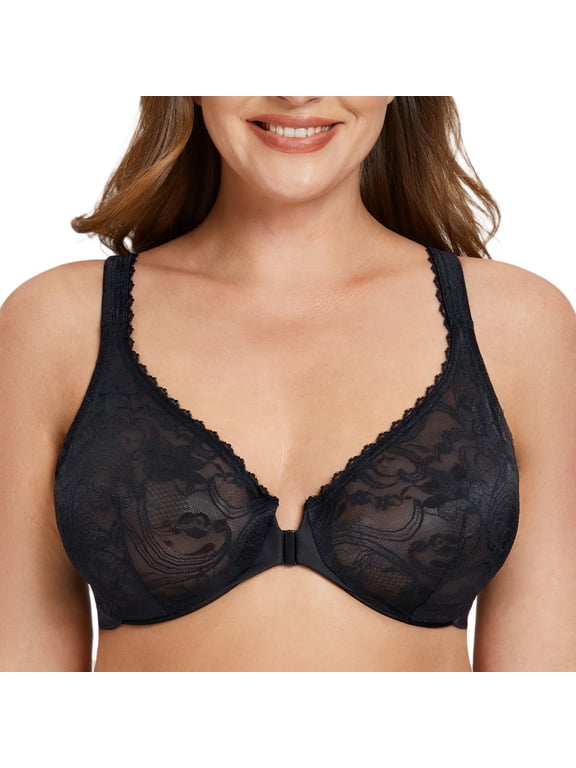 Women's Plus Size Front Closure No Padding Full Coverage Lace Underwire Bra Black 34E