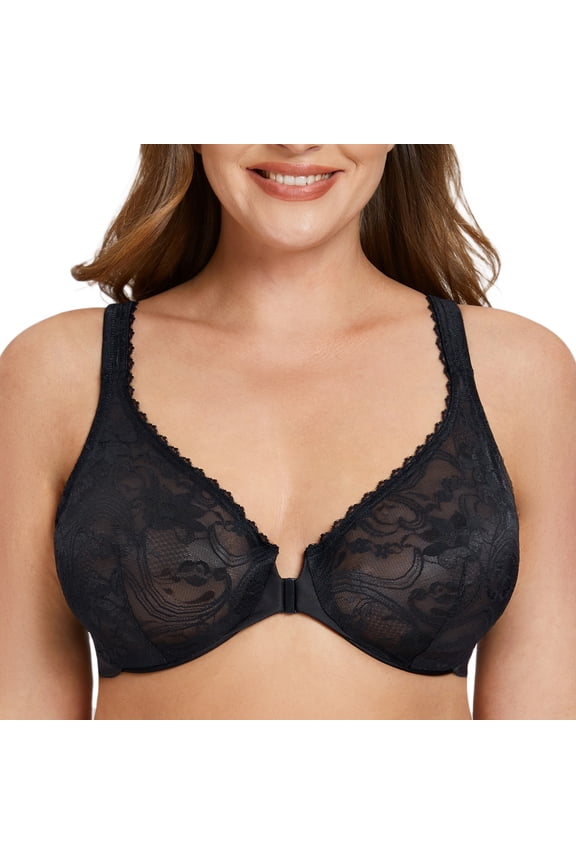Women's Plus Size Front Closure No Padding Full Coverage Lace Underwire Bra Black 34F
