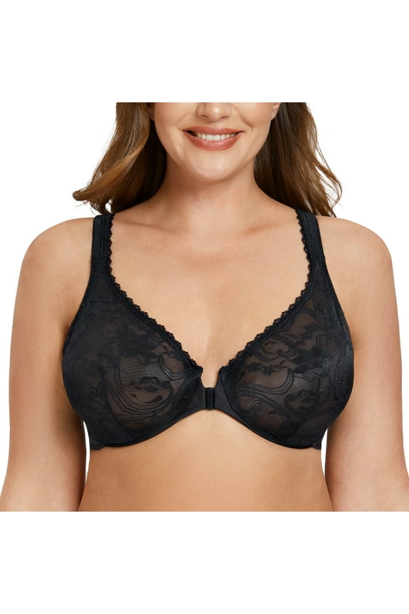 Women's Plus Size Front Closure No Padding Full Coverage Lace Underwire Bra Black 36E