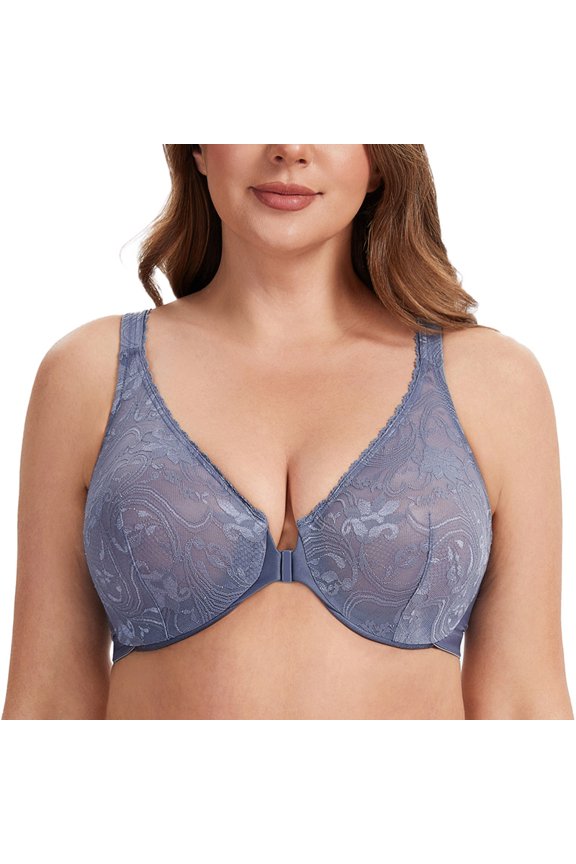 Women's Plus Size Front Closure No Padding Full Coverage Lace Underwire Bra Slate Blue 42F