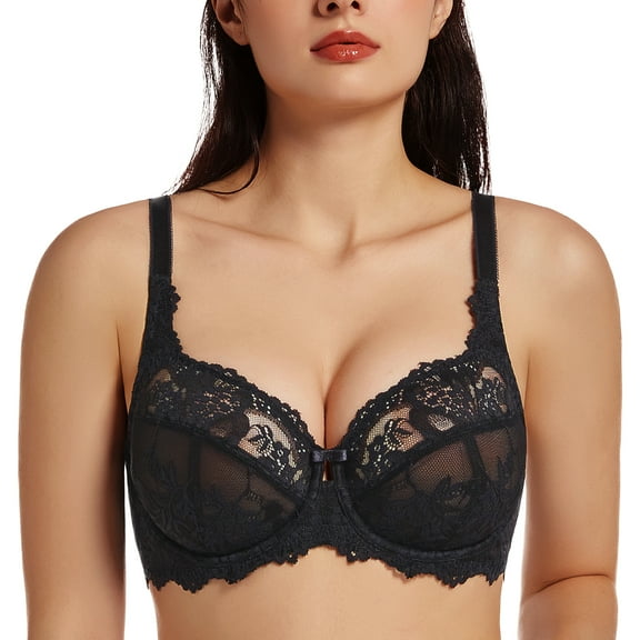 MELENECA Women's Plus Size Minimizer Bras Full Coverage Lace Unlined Underwire Bra Black 36DD