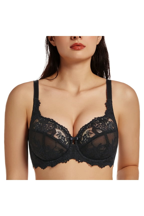 Women's Plus Size Minimizer Bras Full Coverage Lace Unlined Underwire Bra Black 44G