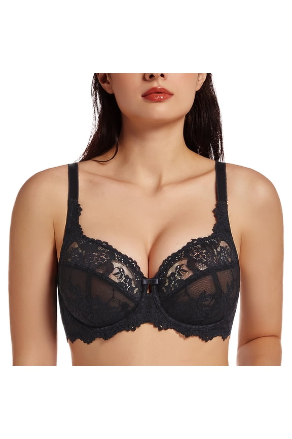 Women's Plus Size Minimizer Bras Full Coverage Lace Unlined Underwire Bra Black 48F