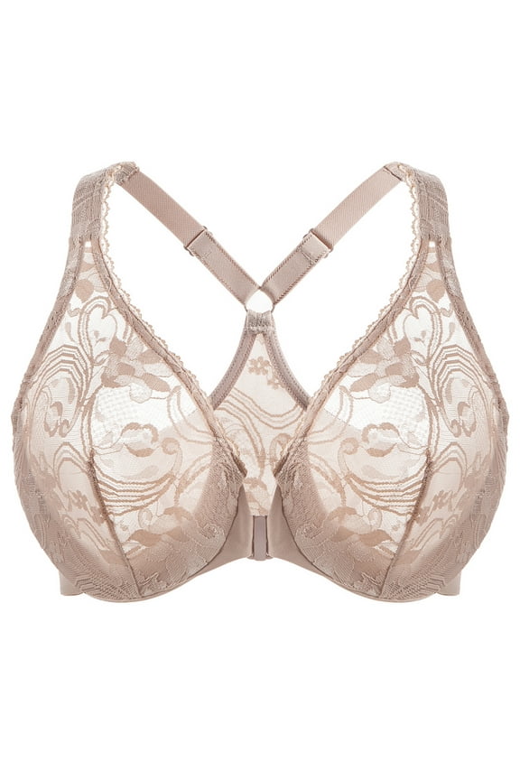 Women's Plus Size Racerback Unlined Lace Underwire Front Closure Bra Beige 34G