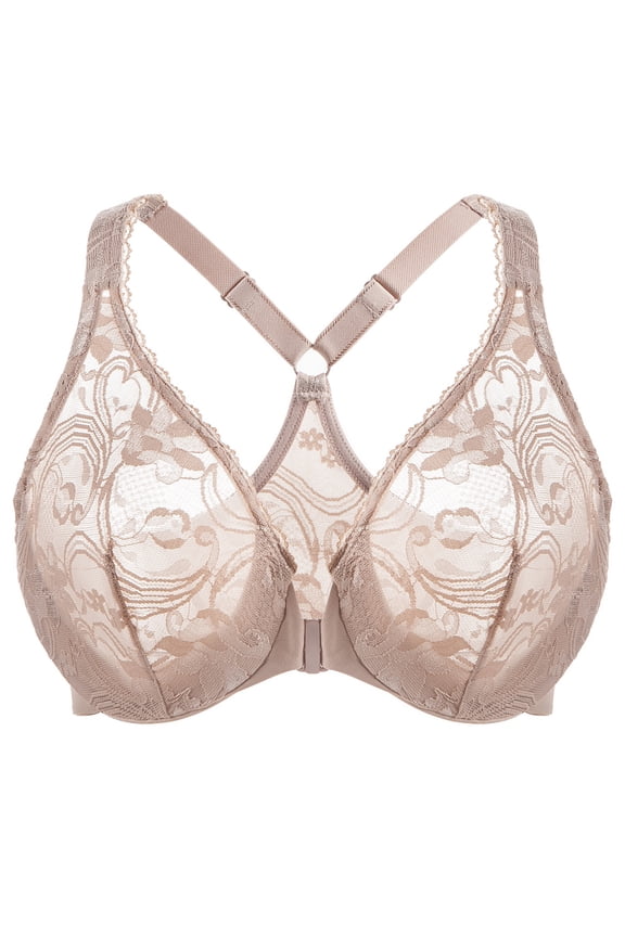 Women's Plus Size Racerback Unlined Lace Underwire Front Closure Bra Beige 36DD