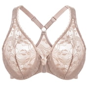 MELENECA Womens Plus Size Racerback Unlined Lace Underwire Front Closure Bra Beige 38C