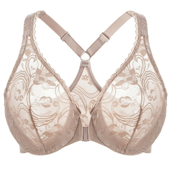 MELENECA Women's Plus Size Racerback Unlined Lace Underwire Front Closure Bra Beige 38C