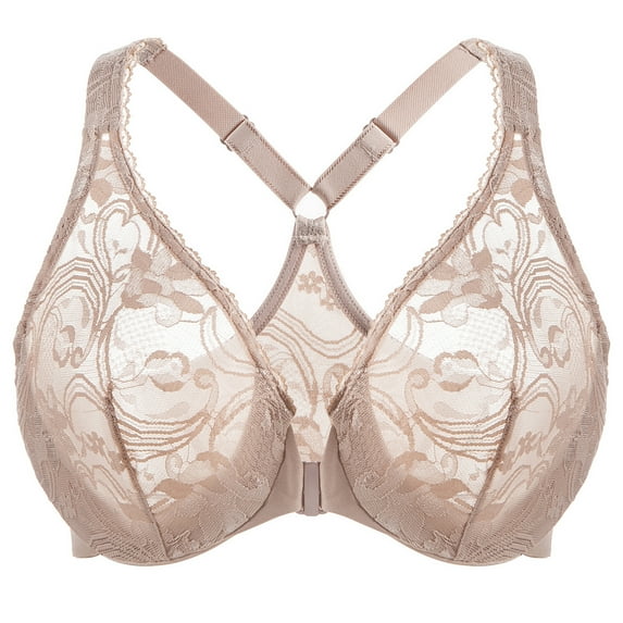 MELENECA Women's Plus Size Racerback Unlined Lace Underwire Front Closure Bra Beige 38D