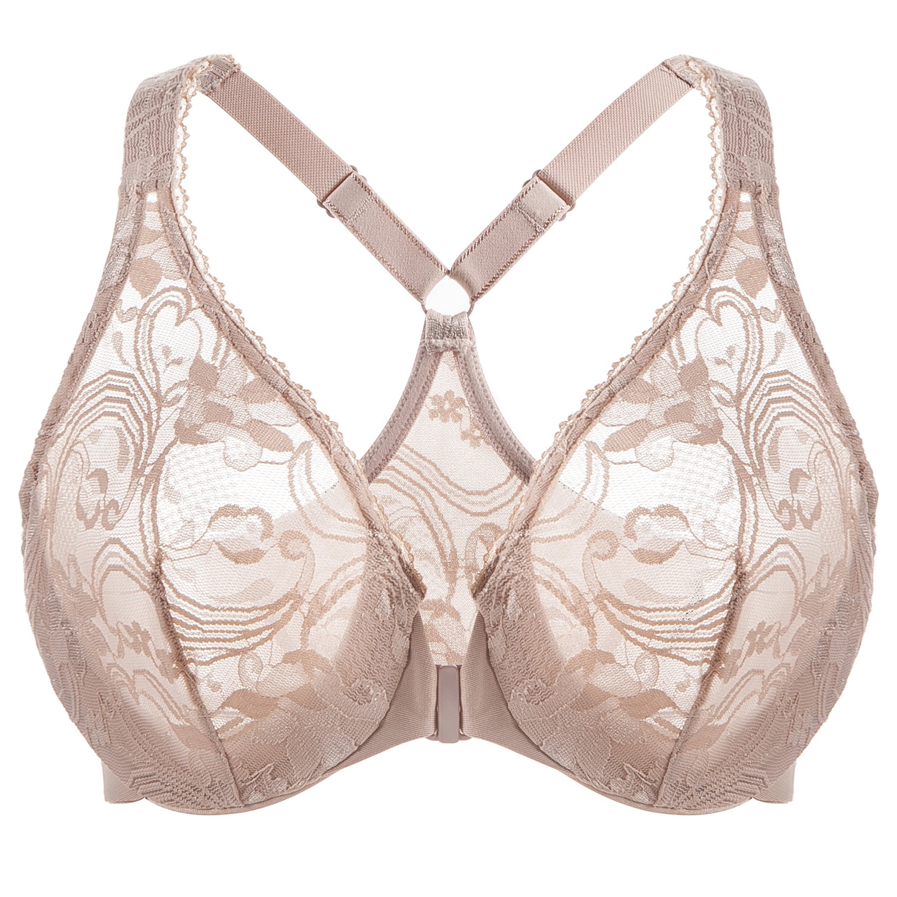 MELENECA Women's Plus Size Racerback Unlined Lace Underwire Front Closure Bra Beige 44F