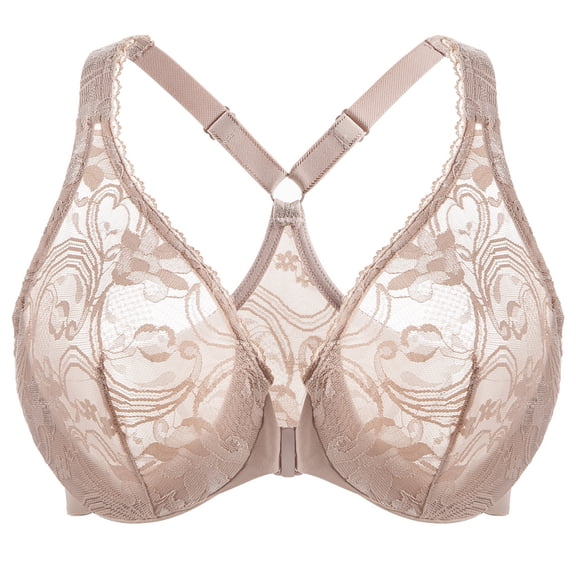 MELENECA Women's Plus Size Racerback Unlined Lace Underwire Front Closure Bra Beige 48B
