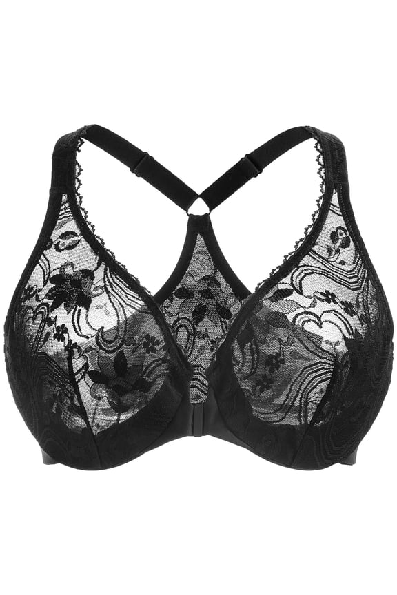 Women's Plus Size Racerback Unlined Lace Underwire Front Closure Bra Black 34B