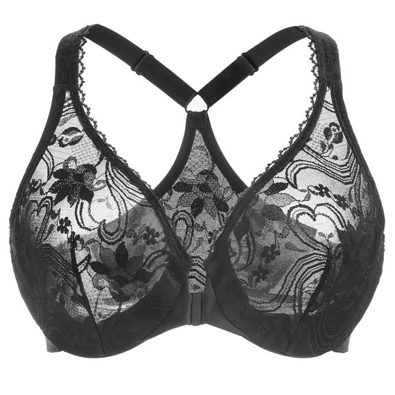 MELENECA Women's Plus Size Racerback Unlined Lace Underwire Front Closure Bra Black 36C