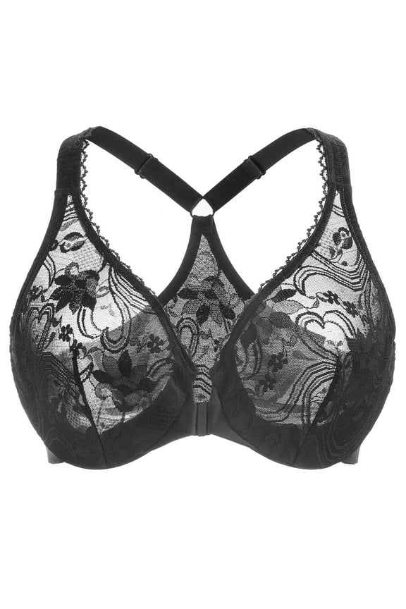 Women's Plus Size Racerback Unlined Lace Underwire Front Closure Bra Black 36DD