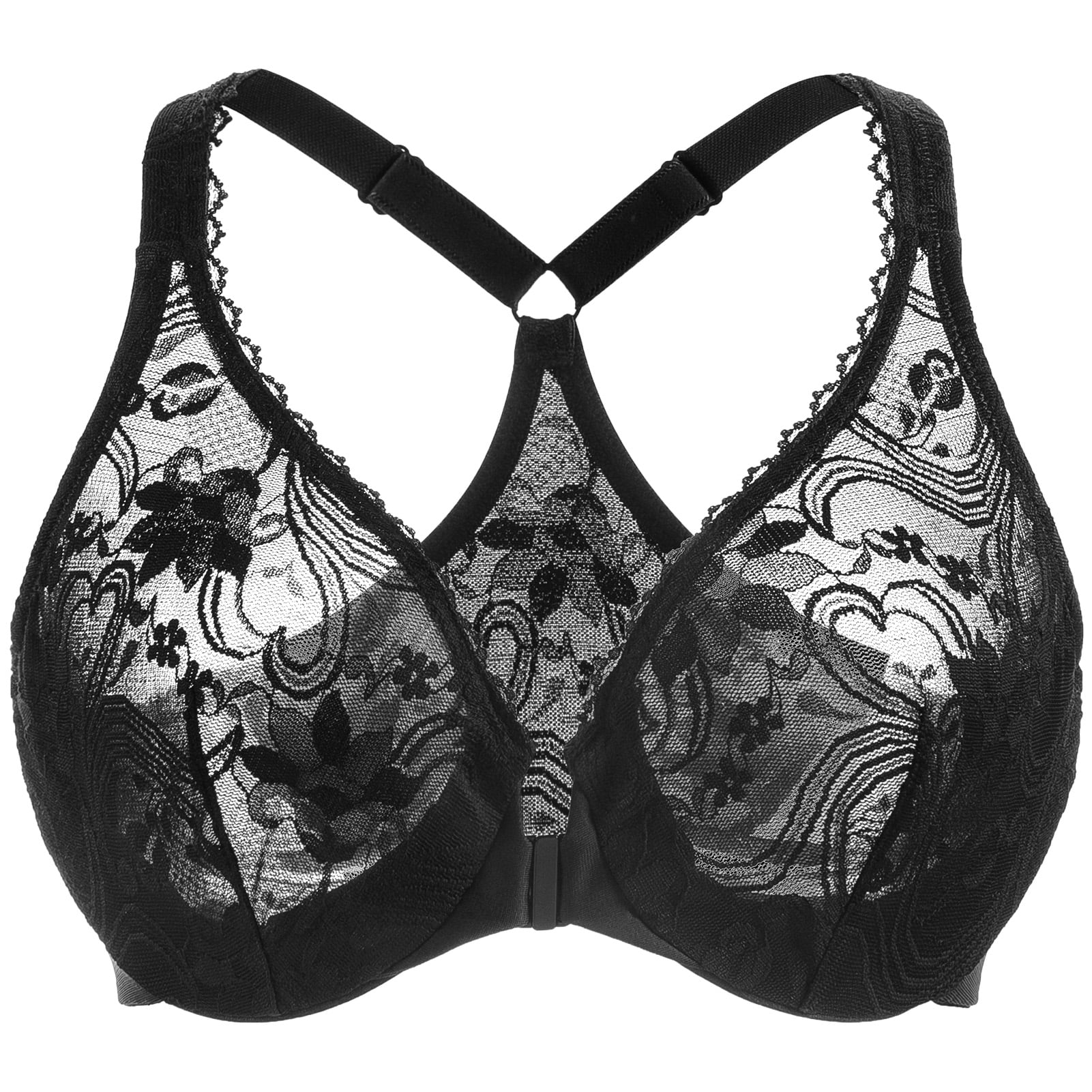MELENECA Women's Plus Size Racerback Unlined Lace Underwire Front Closure Bra Black 44G