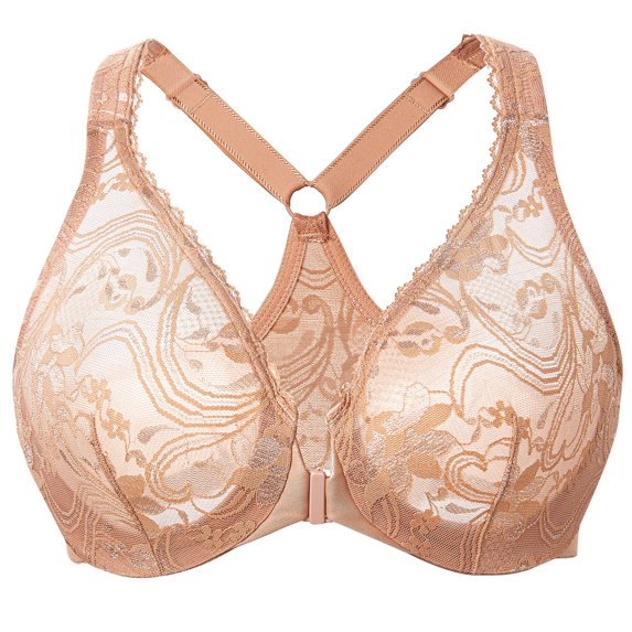 MELENECA Women's Plus Size Racerback Unlined Lace Underwire Front Closure Bra Cappuccino 34E