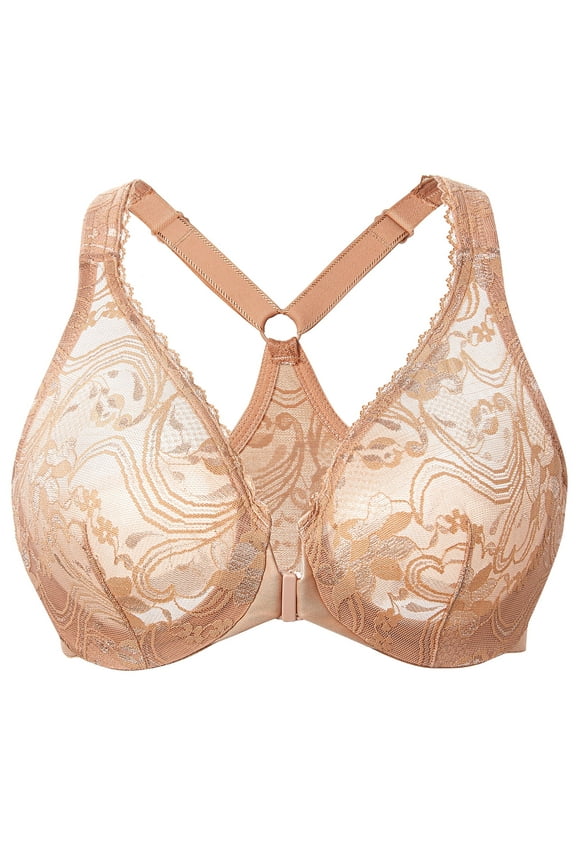 Women's Plus Size Racerback Unlined Lace Underwire Front Closure Bra Cappuccino 38E