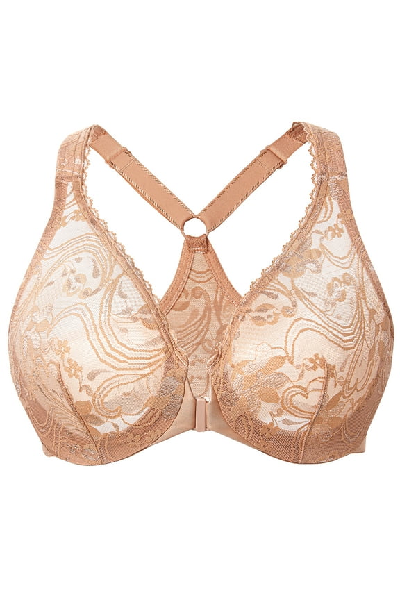 Women's Plus Size Racerback Unlined Lace Underwire Front Closure Bra Cappuccino 40C