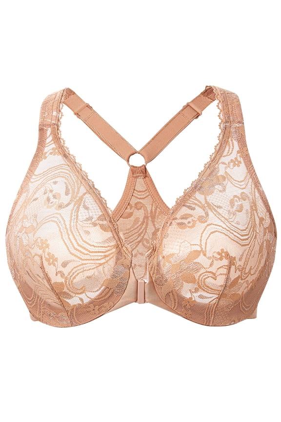 Women's Plus Size Racerback Unlined Lace Underwire Front Closure Bra Cappuccino 42DD
