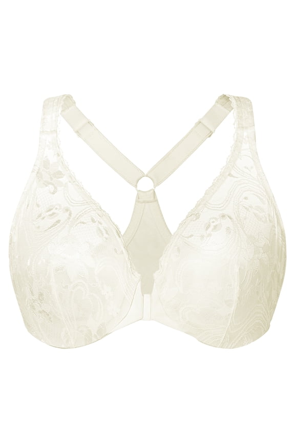 Women's Plus Size Racerback Unlined Lace Underwire Front Closure Bra Off White 34G