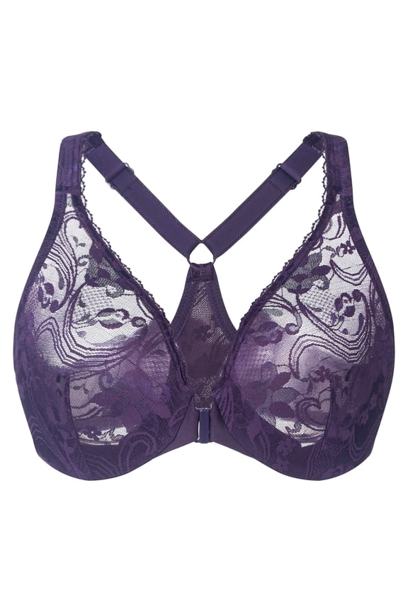 Women's Plus Size Racerback Unlined Lace Underwire Front Closure Bra Purple 34DD